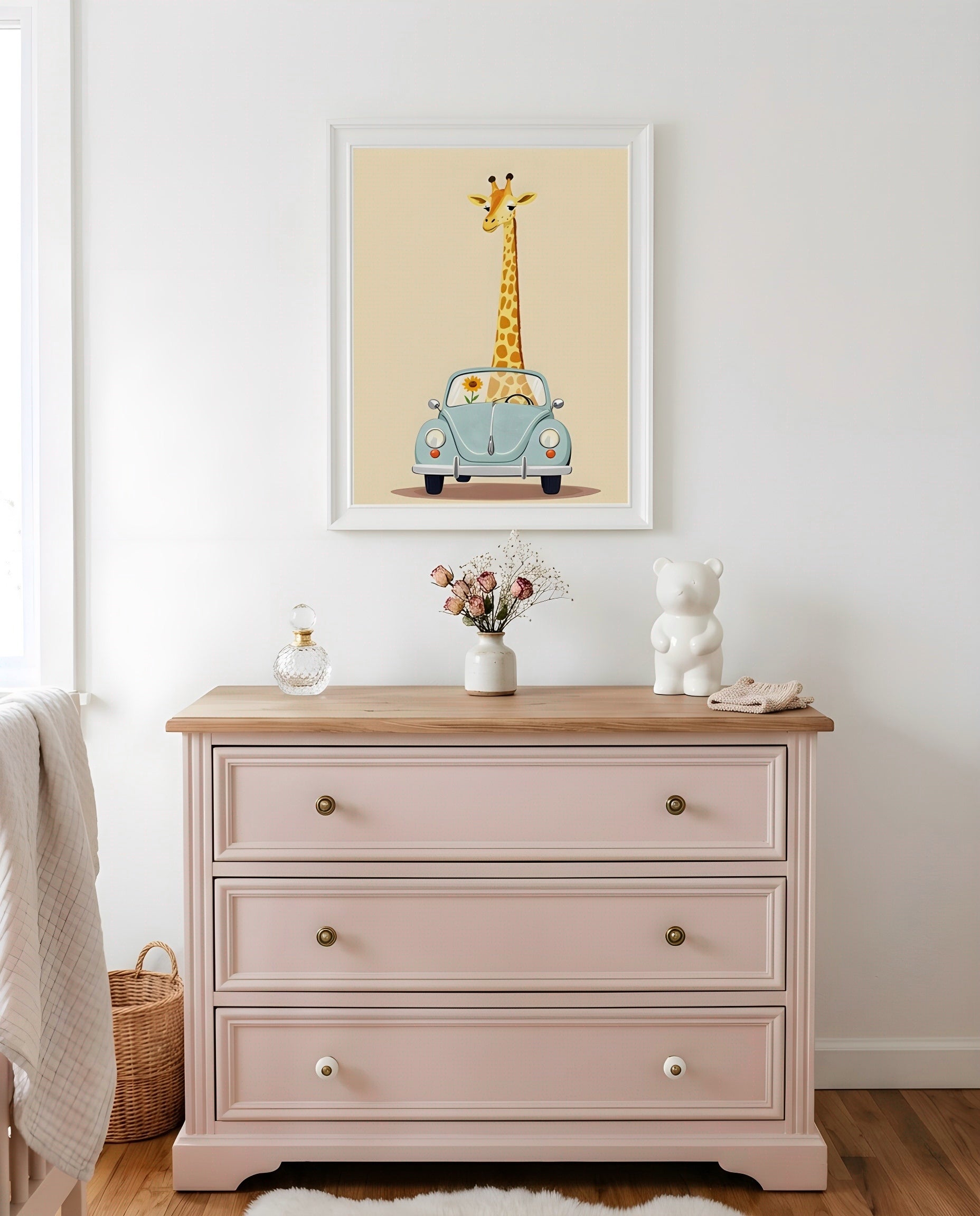 Nursery Giraffe Vintage Car Retro Flat Character Printable Wall Art — hung above a nursery dresser on a warm-toned wall