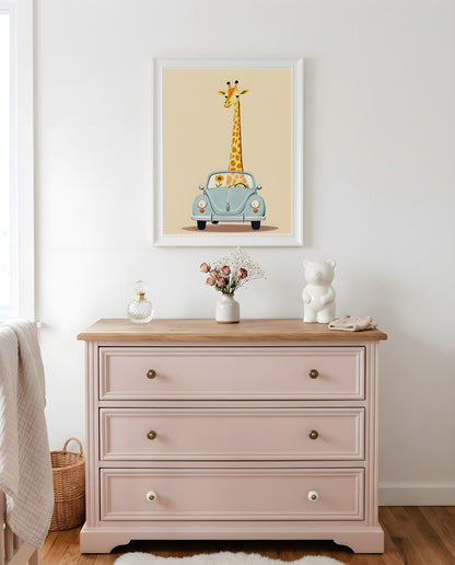 Nursery Giraffe Vintage Car Retro Flat Character Printable Wall Art — hung above a nursery dresser on a warm-toned wall