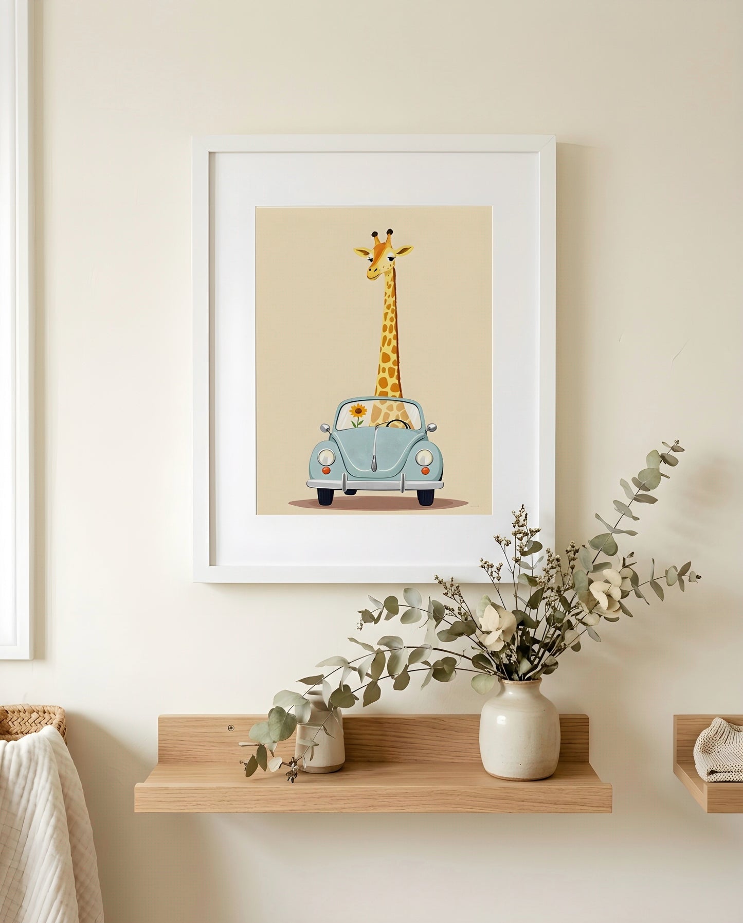 Nursery Giraffe Vintage Car Retro Flat Character Printable Wall Art — close-up on a nursery shelf alongside small ornaments