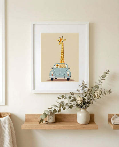 Nursery Giraffe Vintage Car Retro Flat Character Printable Wall Art — close-up on a nursery shelf alongside small ornaments
