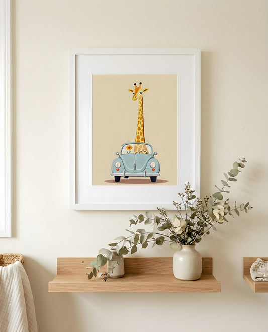 Nursery Giraffe Vintage Car Retro Flat Character Printable Wall Art — close-up on a nursery shelf alongside small ornaments