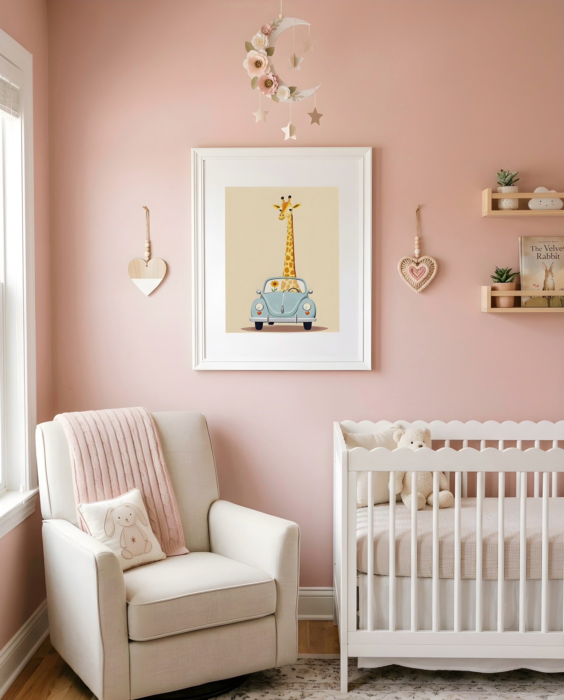 Nursery Giraffe Vintage Car Retro Flat Character Printable Wall Art — as part of a gallery wall arrangement