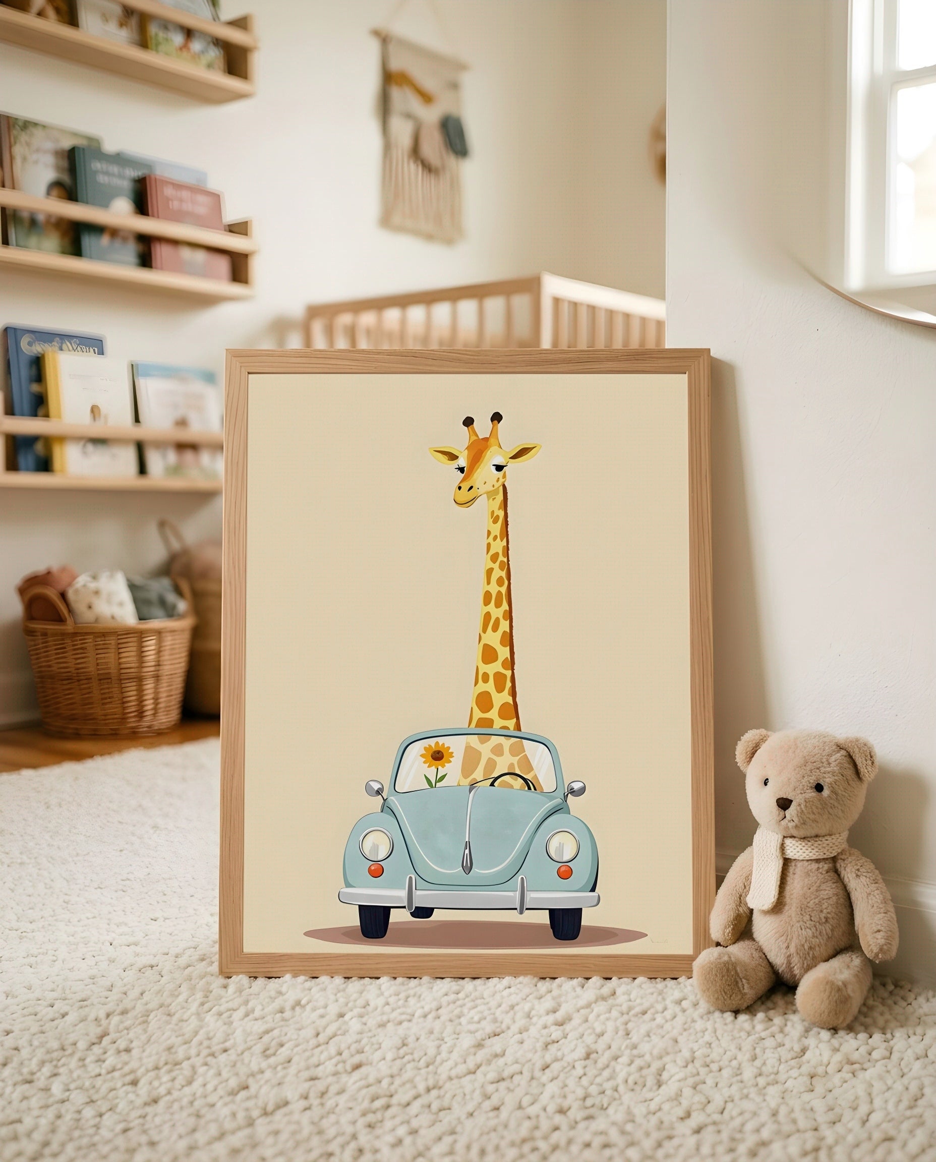 Nursery Giraffe Vintage Car Retro Flat Character Printable Wall Art — leaning against a wall in a minimal clean setting