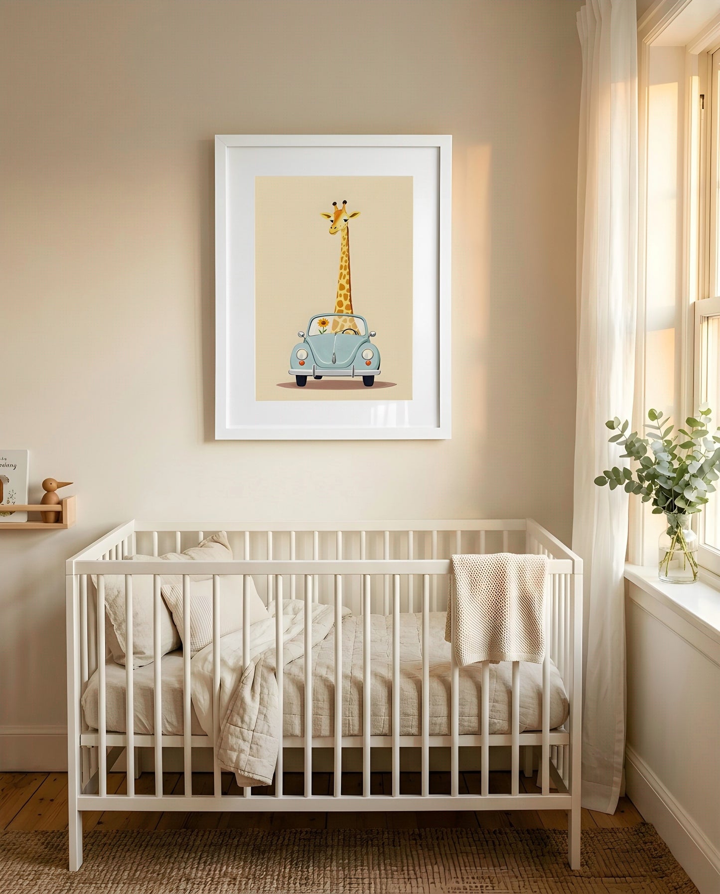 Nursery Giraffe Vintage Car Retro Flat Character Printable Wall Art — framed in white above a crib in a softly lit nursery