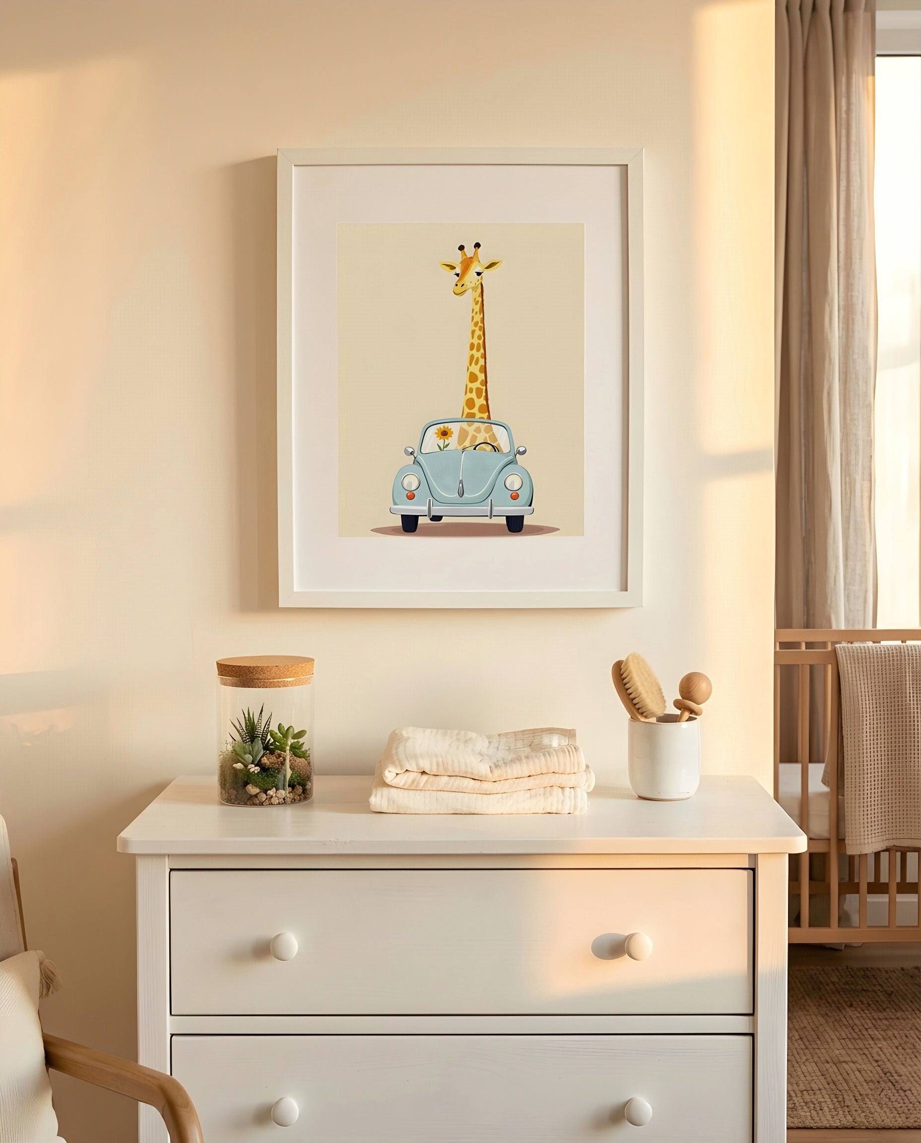 Nursery Giraffe Vintage Car Retro Flat Character Printable Wall Art — hung above a nursery dresser on a warm-toned wall