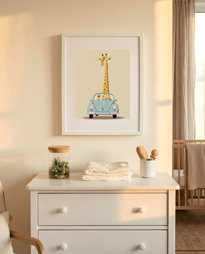 Nursery Giraffe Vintage Car Retro Flat Character Printable Wall Art — hung above a nursery dresser on a warm-toned wall