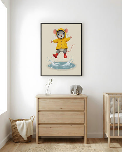 Nursery Mouse Puddle Jump Retro Flat Character Printable Wall Art — framed in white on a neutral nursery wall