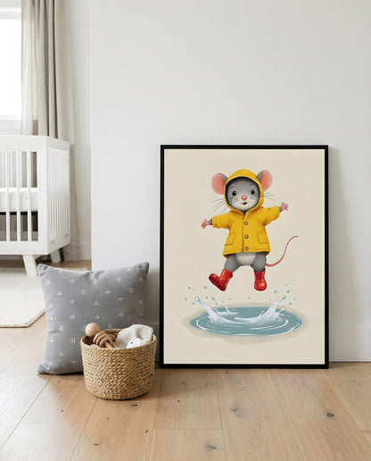 Nursery Mouse Puddle Jump Retro Flat Character Printable Wall Art — displayed in a styled home setting