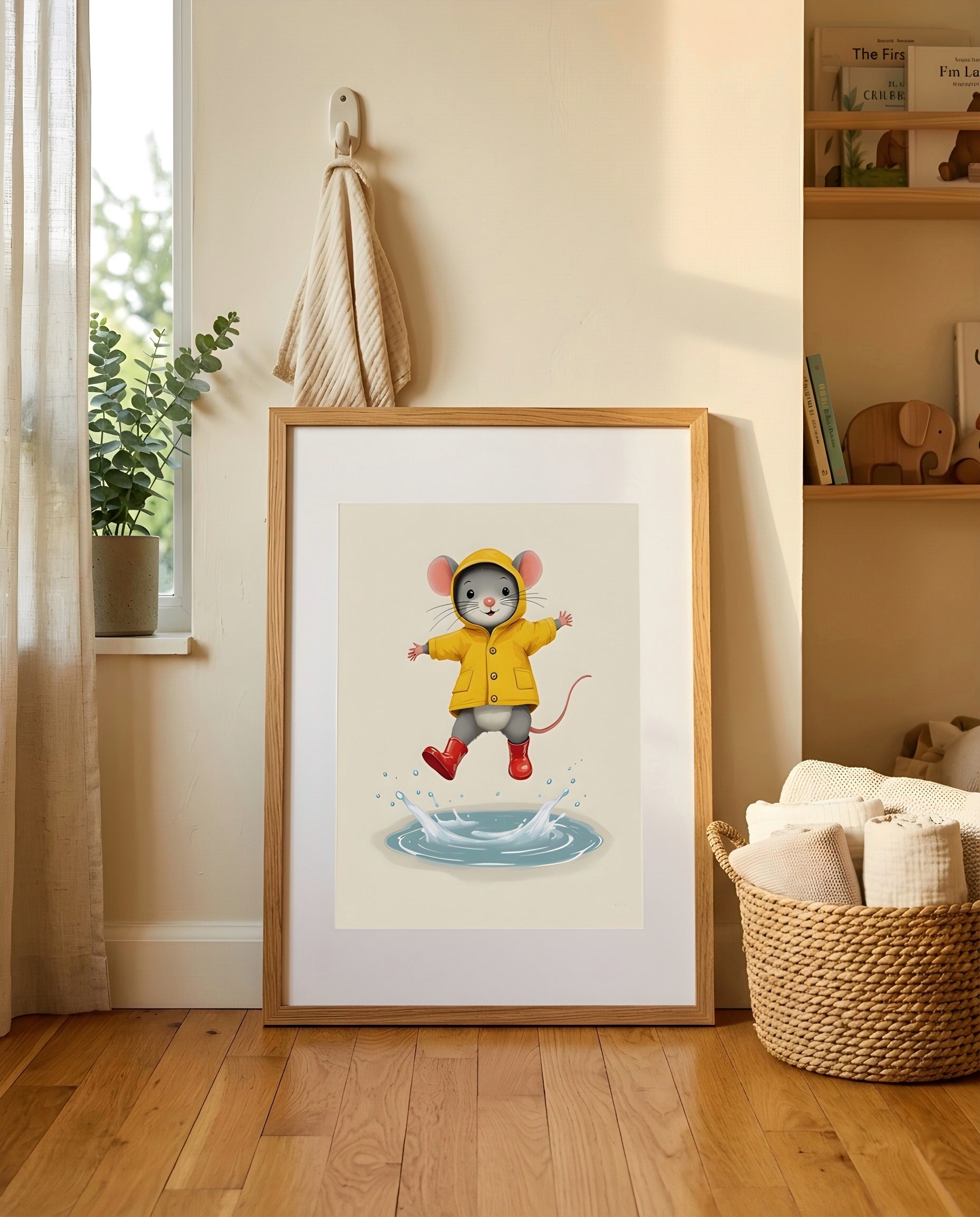 Nursery Mouse Puddle Jump Retro Flat Character Printable Wall Art — leaning against a light wall in a nursery setting