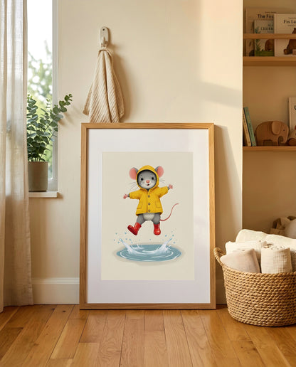 Nursery Mouse Puddle Jump Retro Flat Character Printable Wall Art — leaning against a light wall in a nursery setting