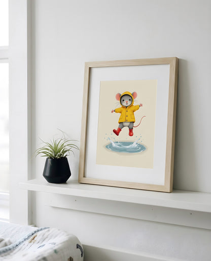 Nursery Mouse Puddle Jump Retro Flat Character Printable Wall Art — propped on a wooden nursery shelf with decor