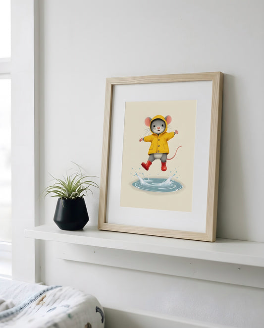 Nursery Mouse Puddle Jump Retro Flat Character Printable Wall Art — propped on a wooden nursery shelf with decor