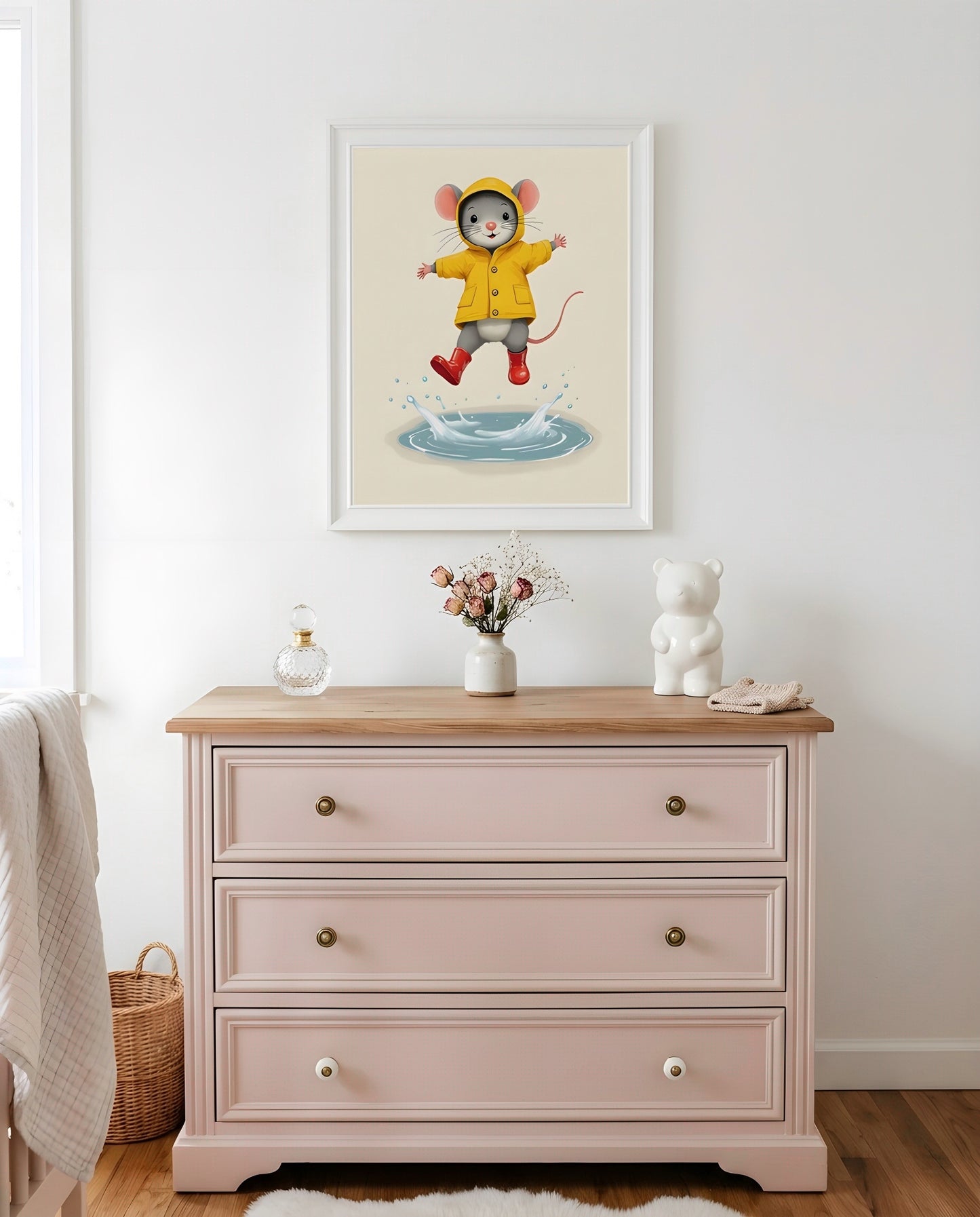 Nursery Mouse Puddle Jump Retro Flat Character Printable Wall Art — hung above a nursery dresser on a warm-toned wall