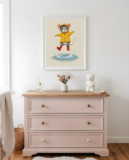 Nursery Mouse Puddle Jump Retro Flat Character Printable Wall Art — hung above a nursery dresser on a warm-toned wall