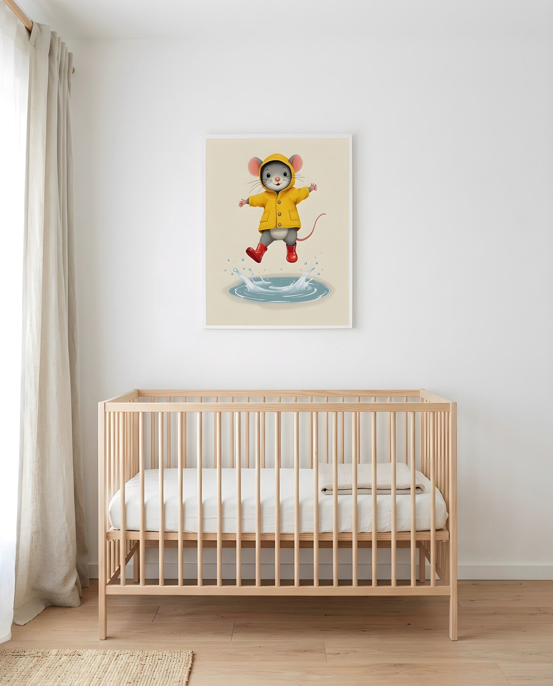 Nursery Mouse Puddle Jump Retro Flat Character Printable Wall Art — framed in white above a crib in a softly lit nursery