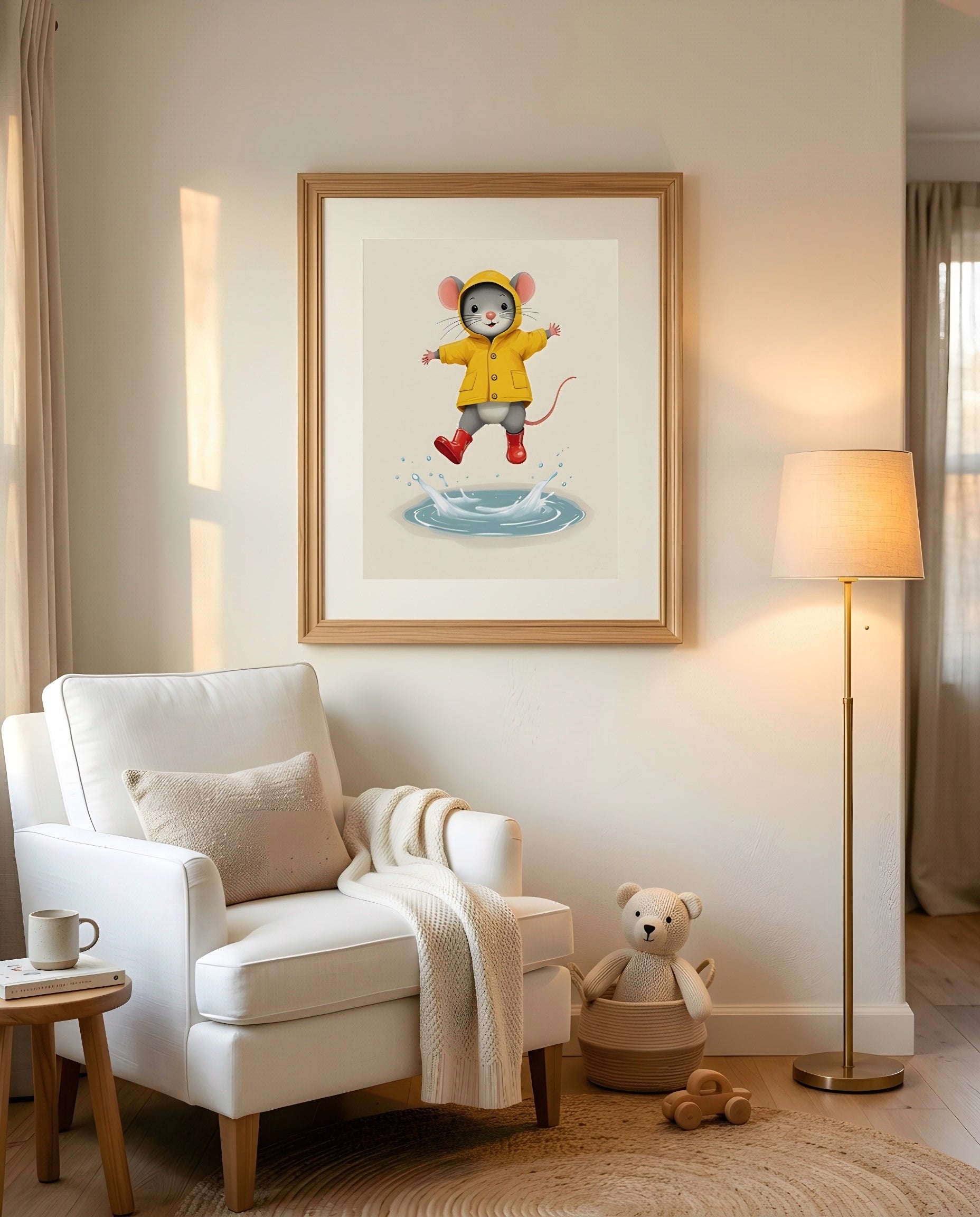 Nursery Mouse Puddle Jump Retro Flat Character Printable Wall Art — displayed in a styled nursery room corner