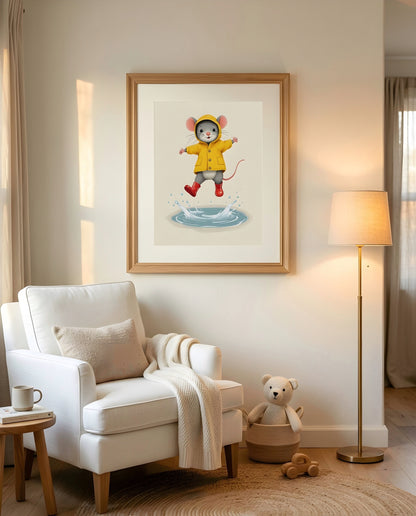 Nursery Mouse Puddle Jump Retro Flat Character Printable Wall Art — displayed in a styled nursery room corner