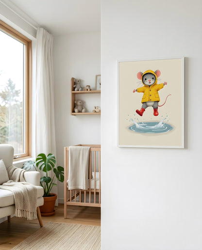 Nursery Mouse Puddle Jump Retro Flat Character Printable Wall Art — displayed beside a window in warm natural light