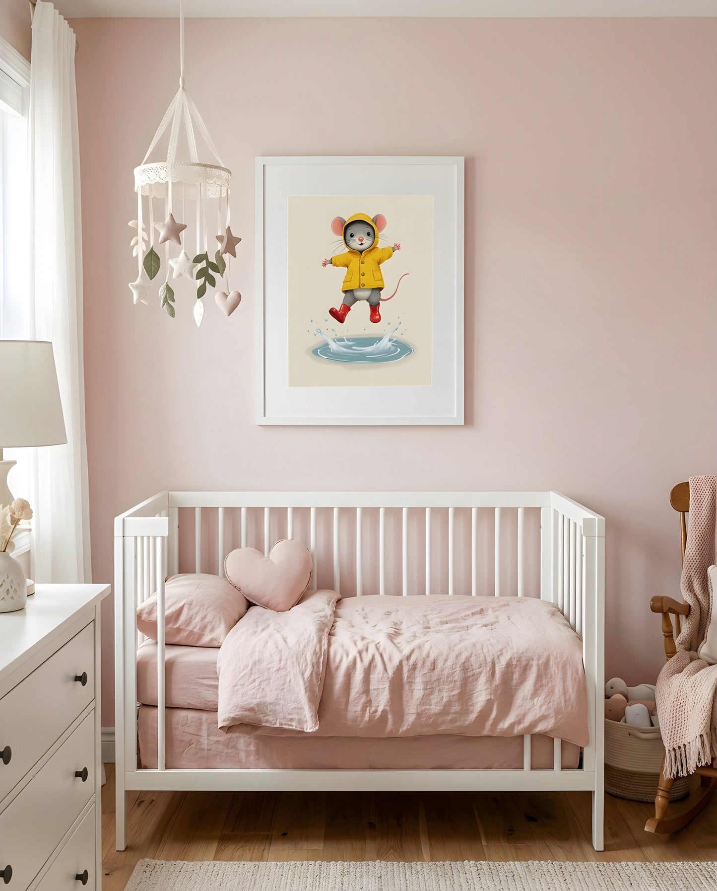 Nursery Mouse Puddle Jump Retro Flat Character Printable Wall Art — framed in white above a crib in a softly lit nursery