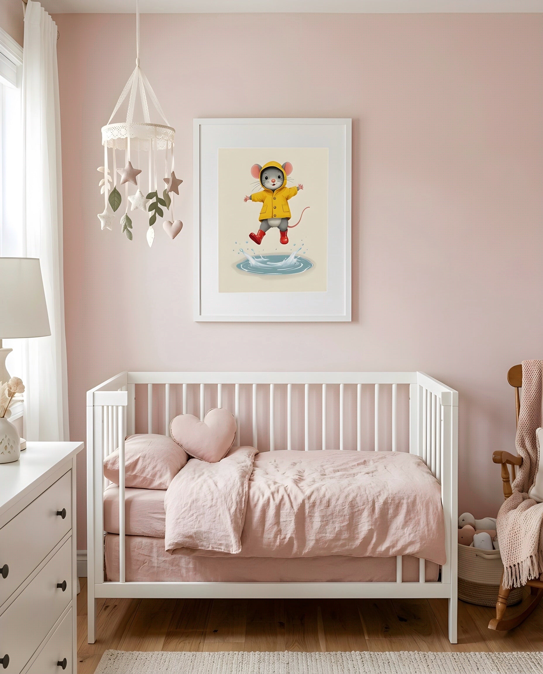 Nursery Mouse Puddle Jump Retro Flat Character Printable Wall Art — framed in white above a crib in a softly lit nursery