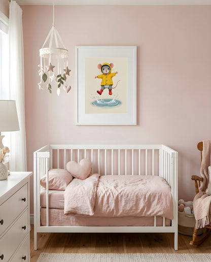 Nursery Mouse Puddle Jump Retro Flat Character Printable Wall Art — framed in white above a crib in a softly lit nursery