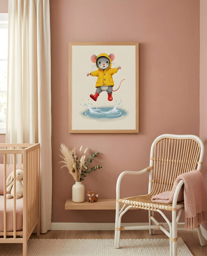 Nursery Mouse Puddle Jump Retro Flat Character Printable Wall Art — displayed in a styled nursery room corner