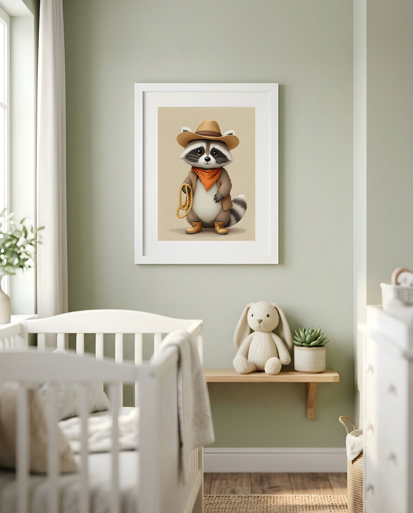 Nursery Raccoon Cowboy Retro Flat Character Printable Wall Art — framed in white on a neutral nursery wall