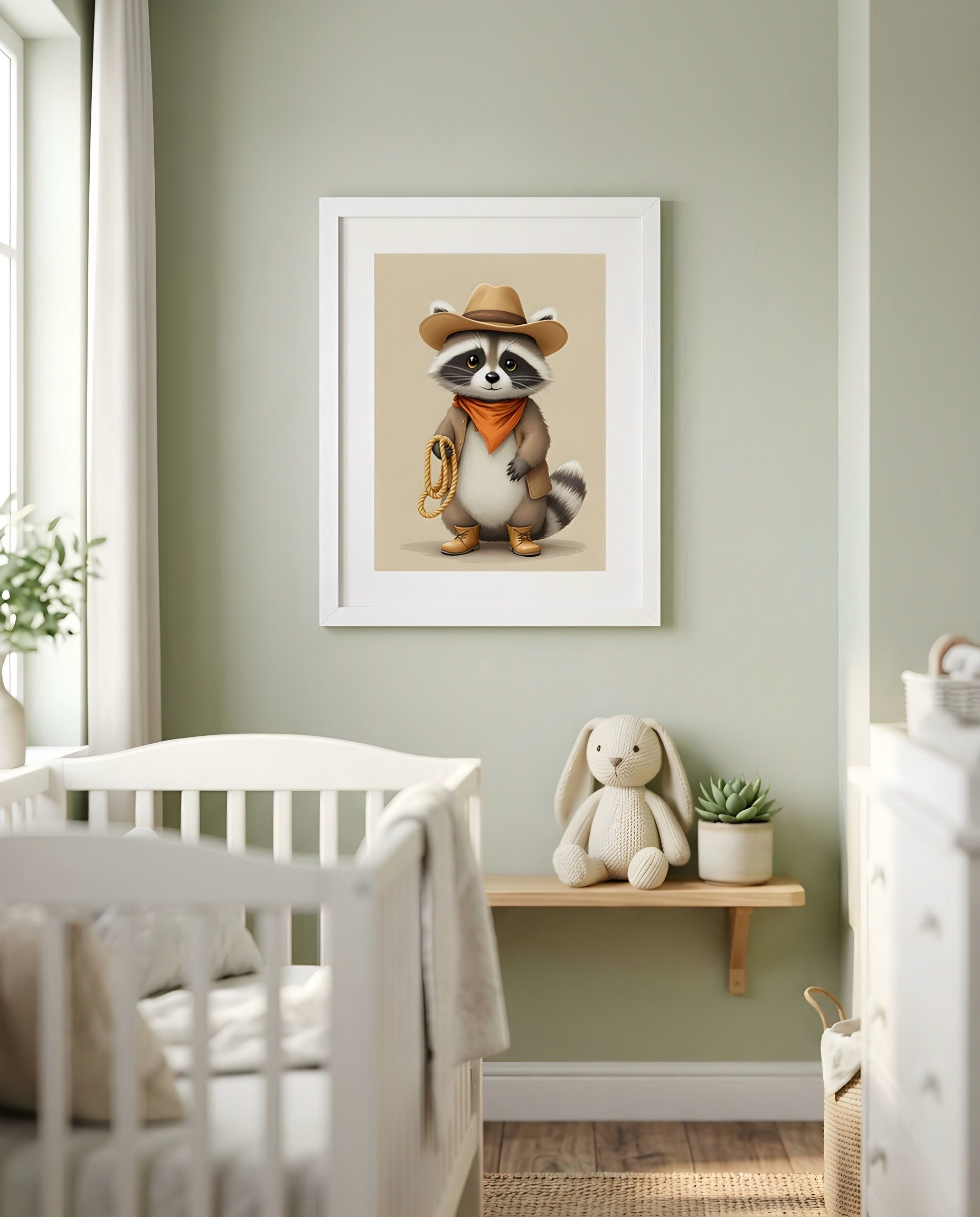 Nursery Raccoon Cowboy Retro Flat Character Printable Wall Art — framed in white on a neutral nursery wall