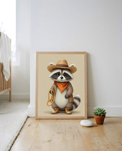 Nursery Raccoon Cowboy Retro Flat Character Printable Wall Art — leaning against a wall in a styled setting