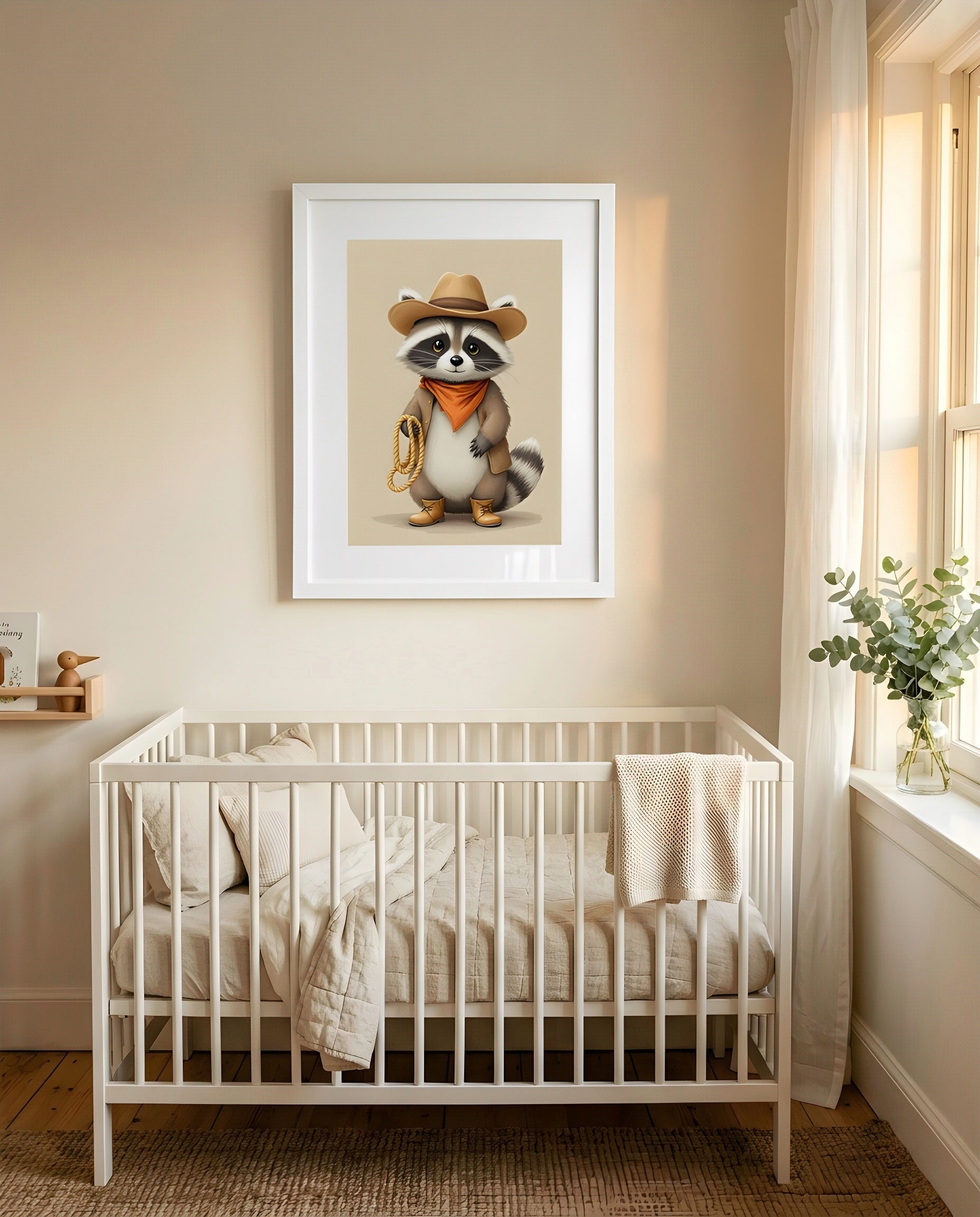 Nursery Raccoon Cowboy Retro Flat Character Printable Wall Art — framed in white above a crib in a softly lit nursery