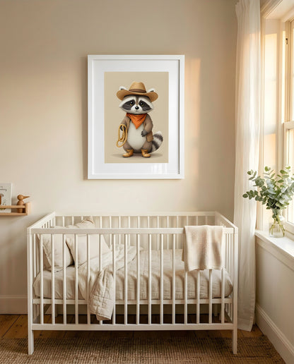 Nursery Raccoon Cowboy Retro Flat Character Printable Wall Art — framed in white above a crib in a softly lit nursery