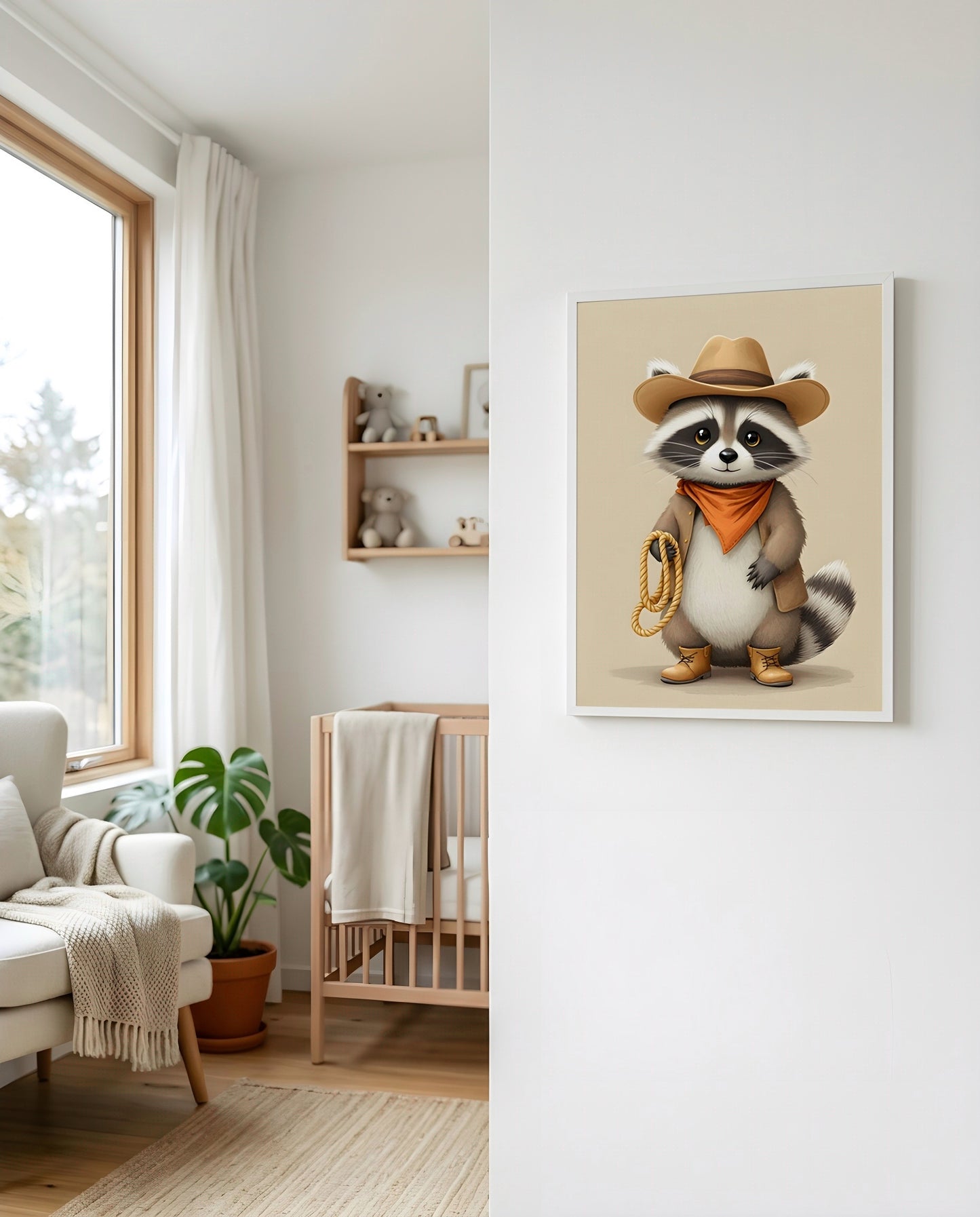 Nursery Raccoon Cowboy Retro Flat Character Printable Wall Art — displayed beside a window in warm natural light