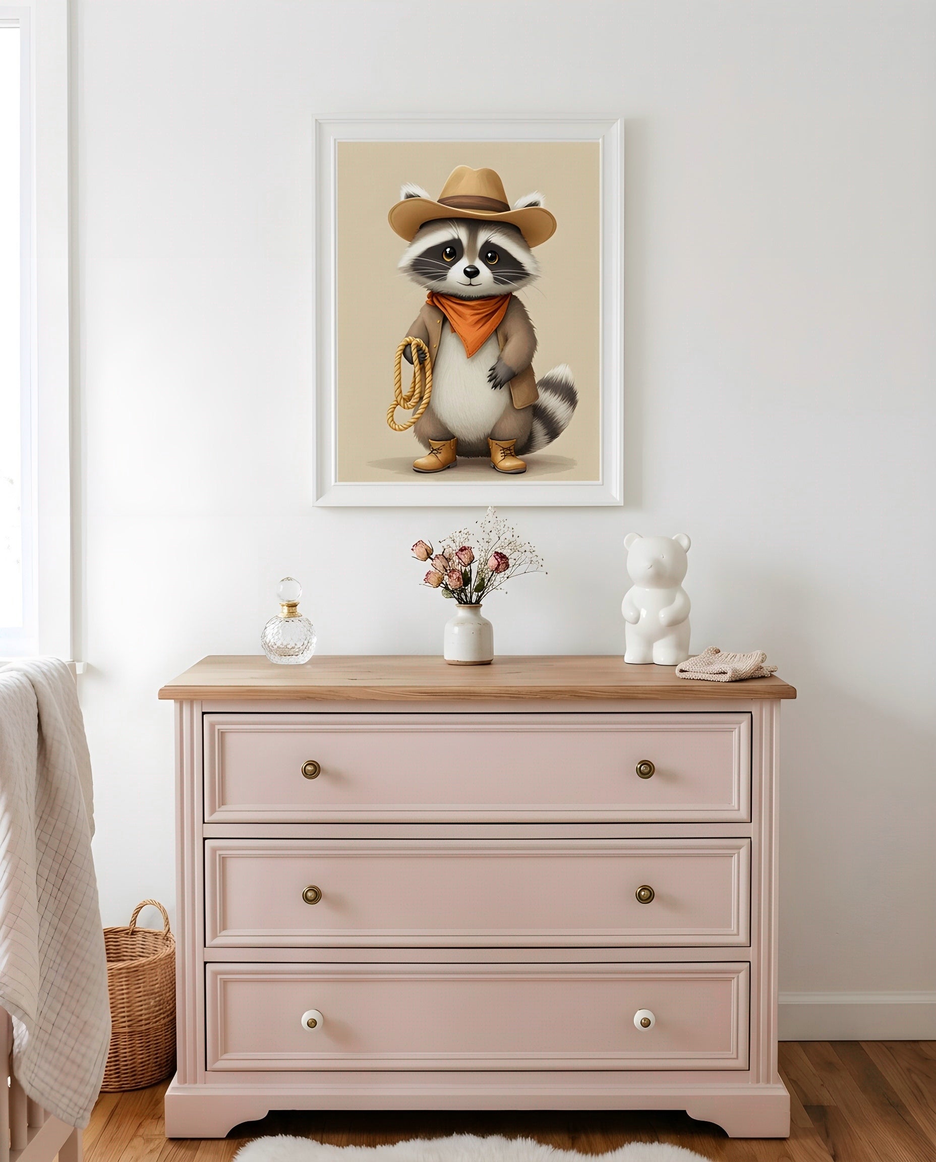 Nursery Raccoon Cowboy Retro Flat Character Printable Wall Art — hung above a nursery dresser on a warm-toned wall