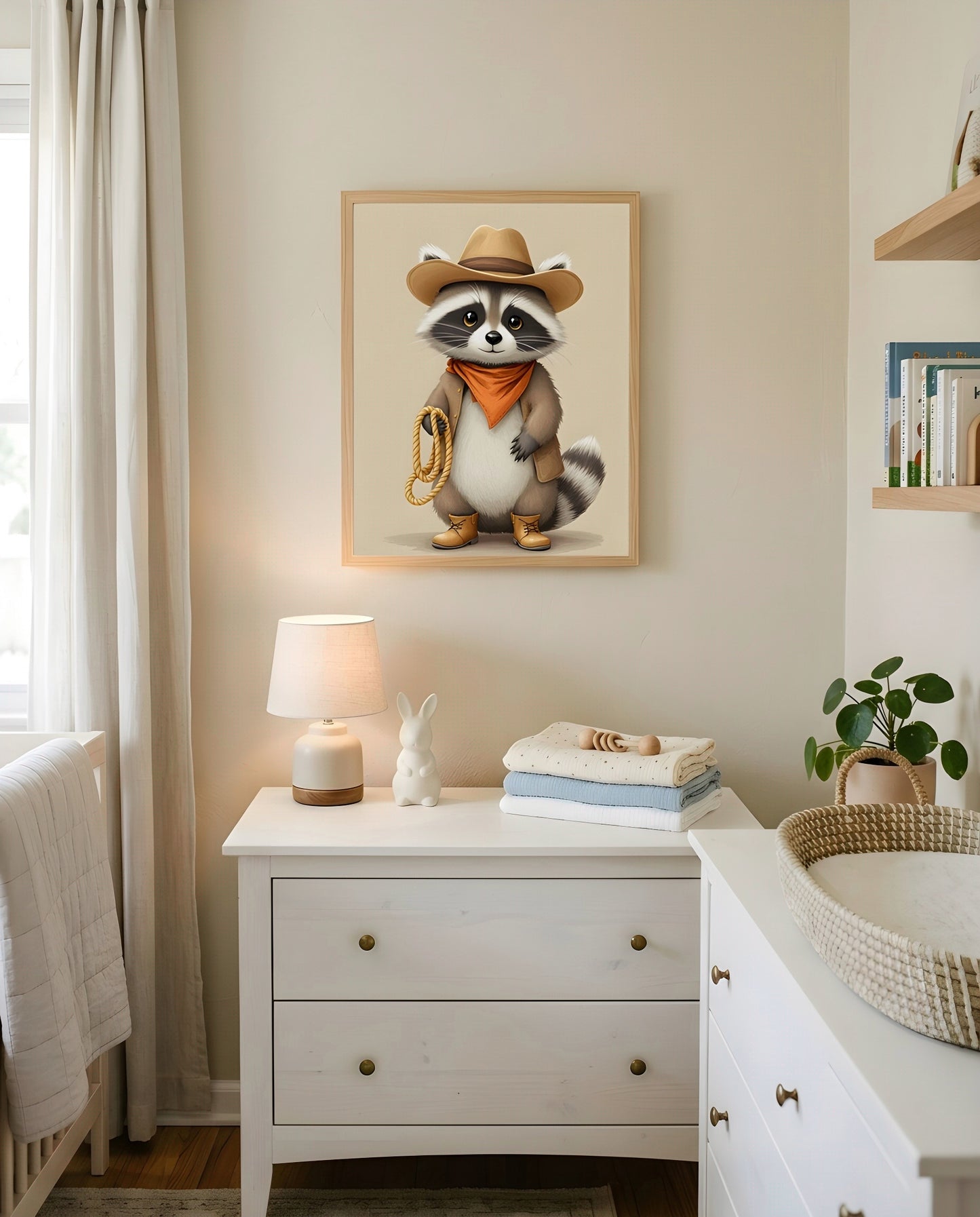 Nursery Raccoon Cowboy Retro Flat Character Printable Wall Art — hung above a nursery dresser on a warm-toned wall