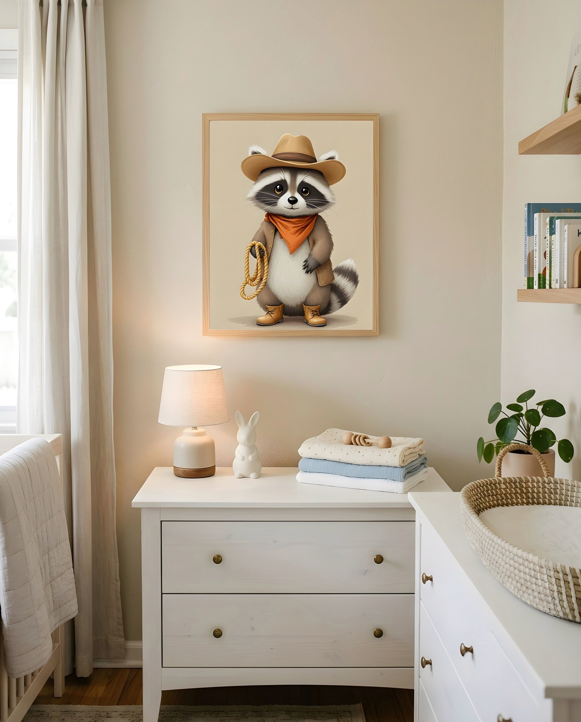 Nursery Raccoon Cowboy Retro Flat Character Printable Wall Art — hung above a nursery dresser on a warm-toned wall