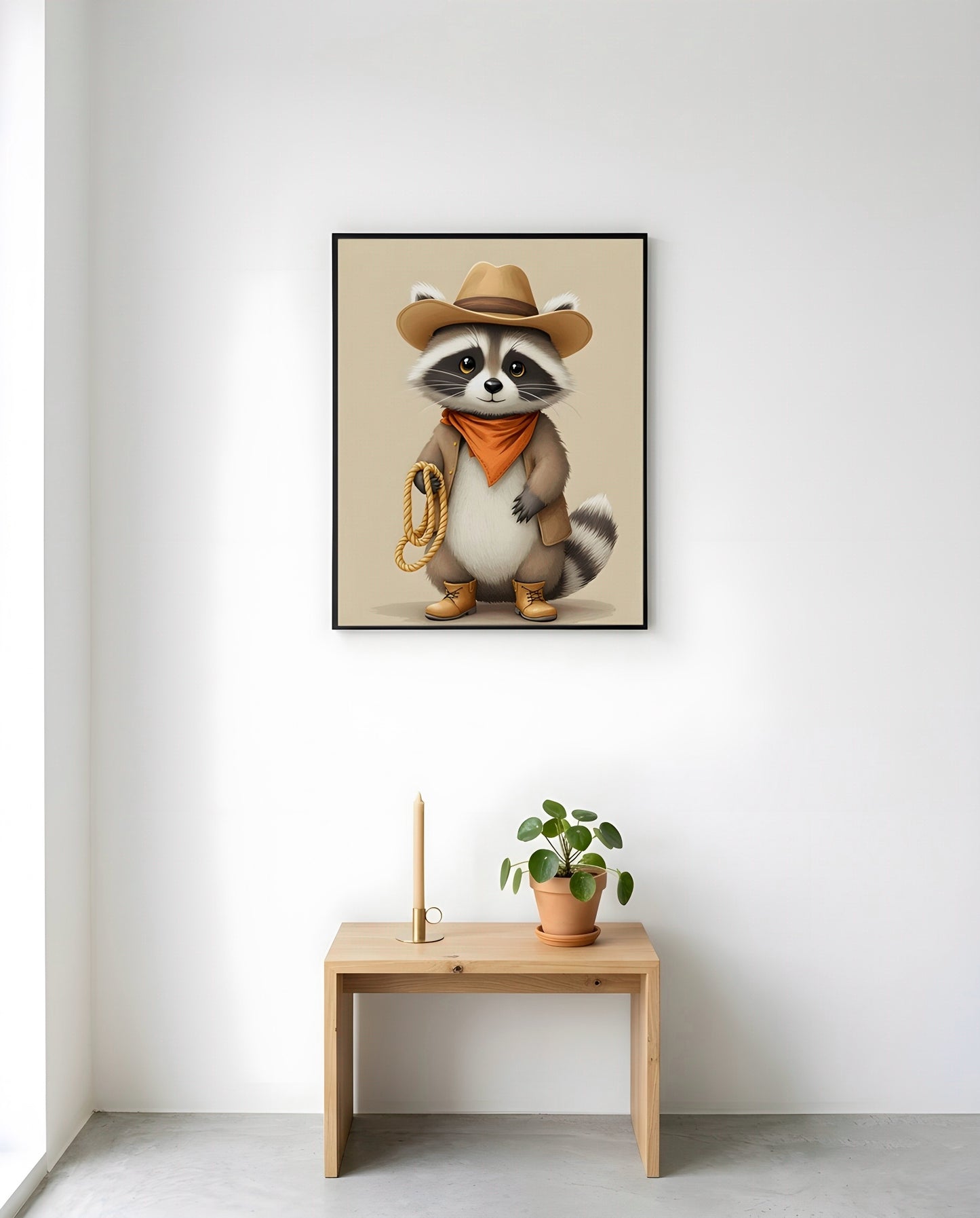 Nursery Raccoon Cowboy Retro Flat Character Printable Wall Art — displayed in a styled nursery room corner