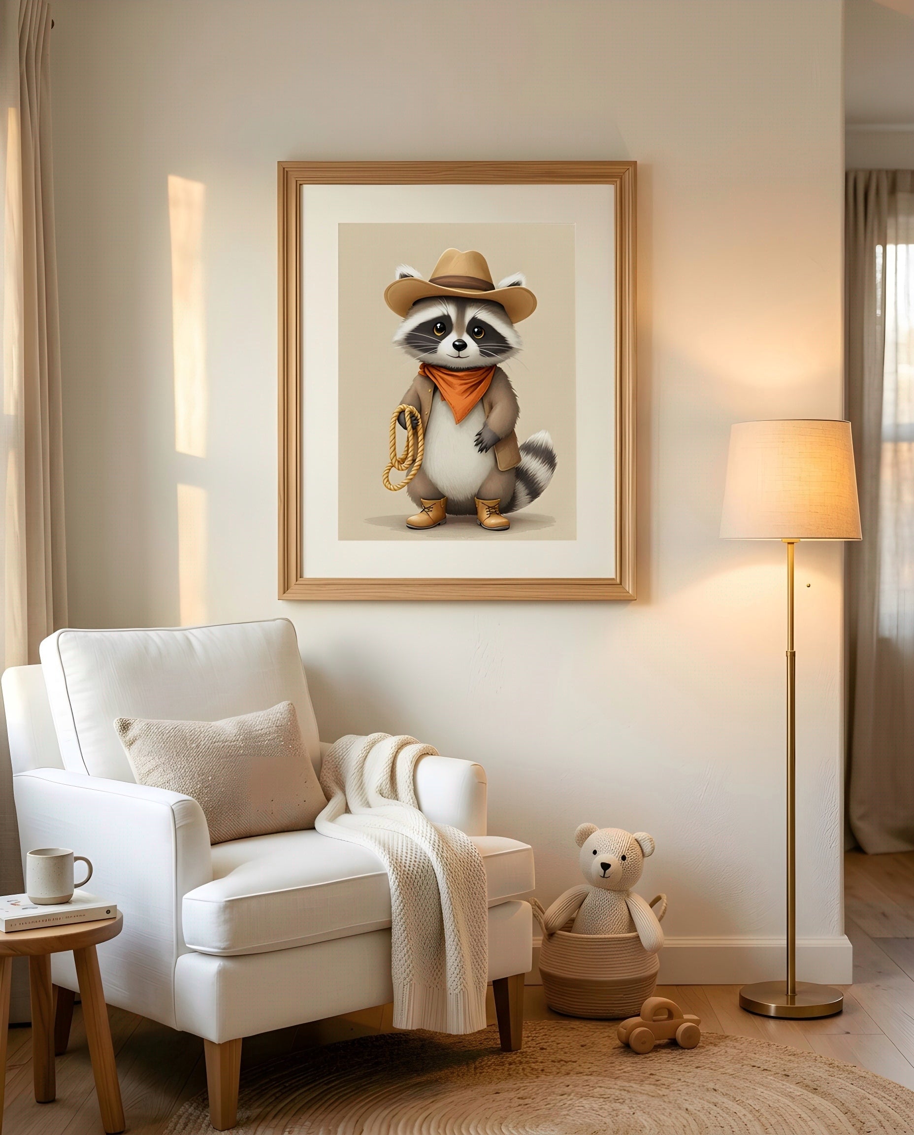 Nursery Raccoon Cowboy Retro Flat Character Printable Wall Art — displayed in a styled nursery room corner