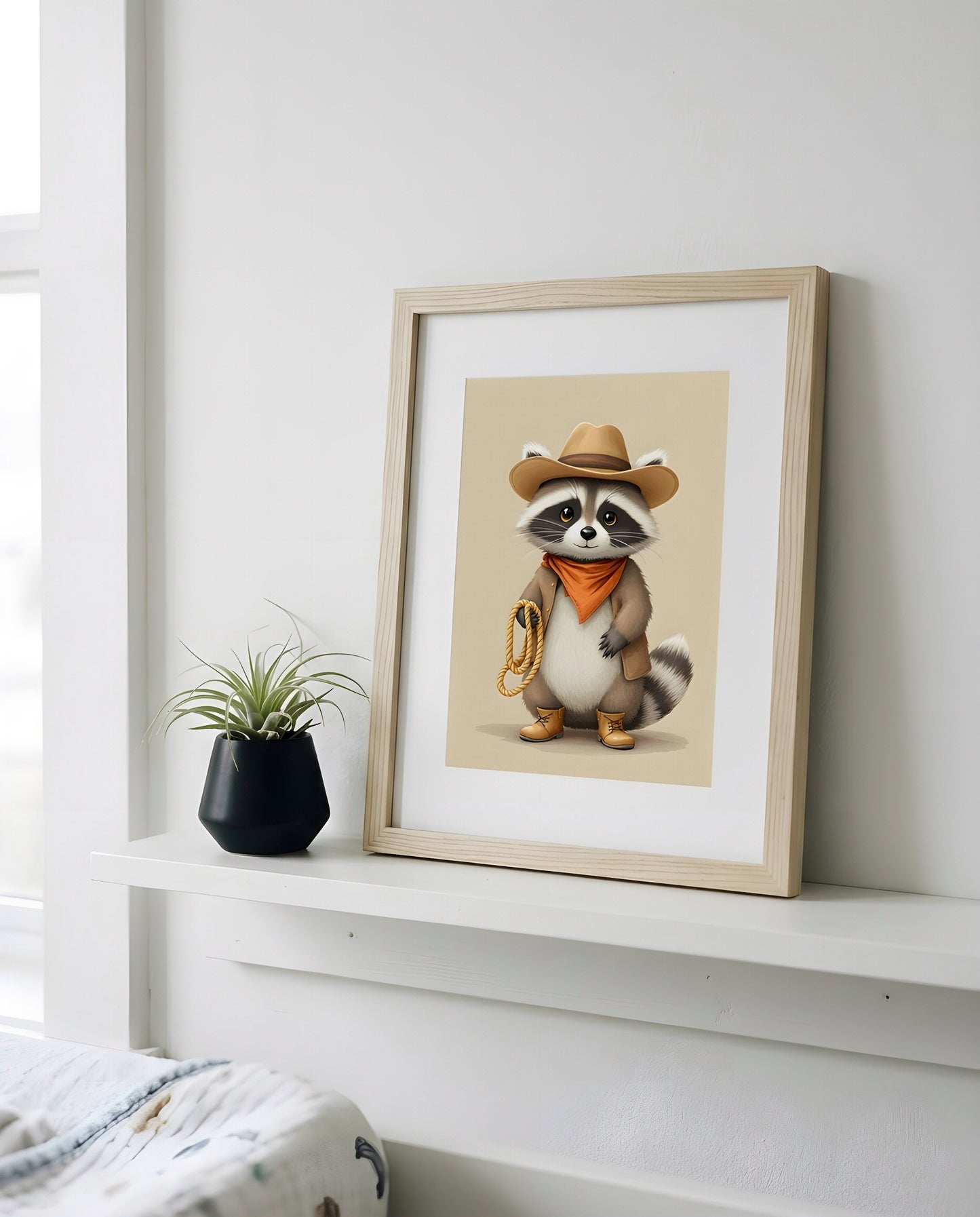 Nursery Raccoon Cowboy Retro Flat Character Printable Wall Art — propped on a wooden nursery shelf with decor