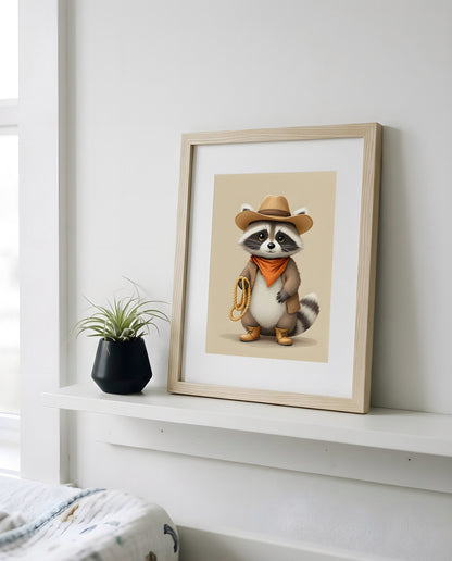 Nursery Raccoon Cowboy Retro Flat Character Printable Wall Art — propped on a wooden nursery shelf with decor