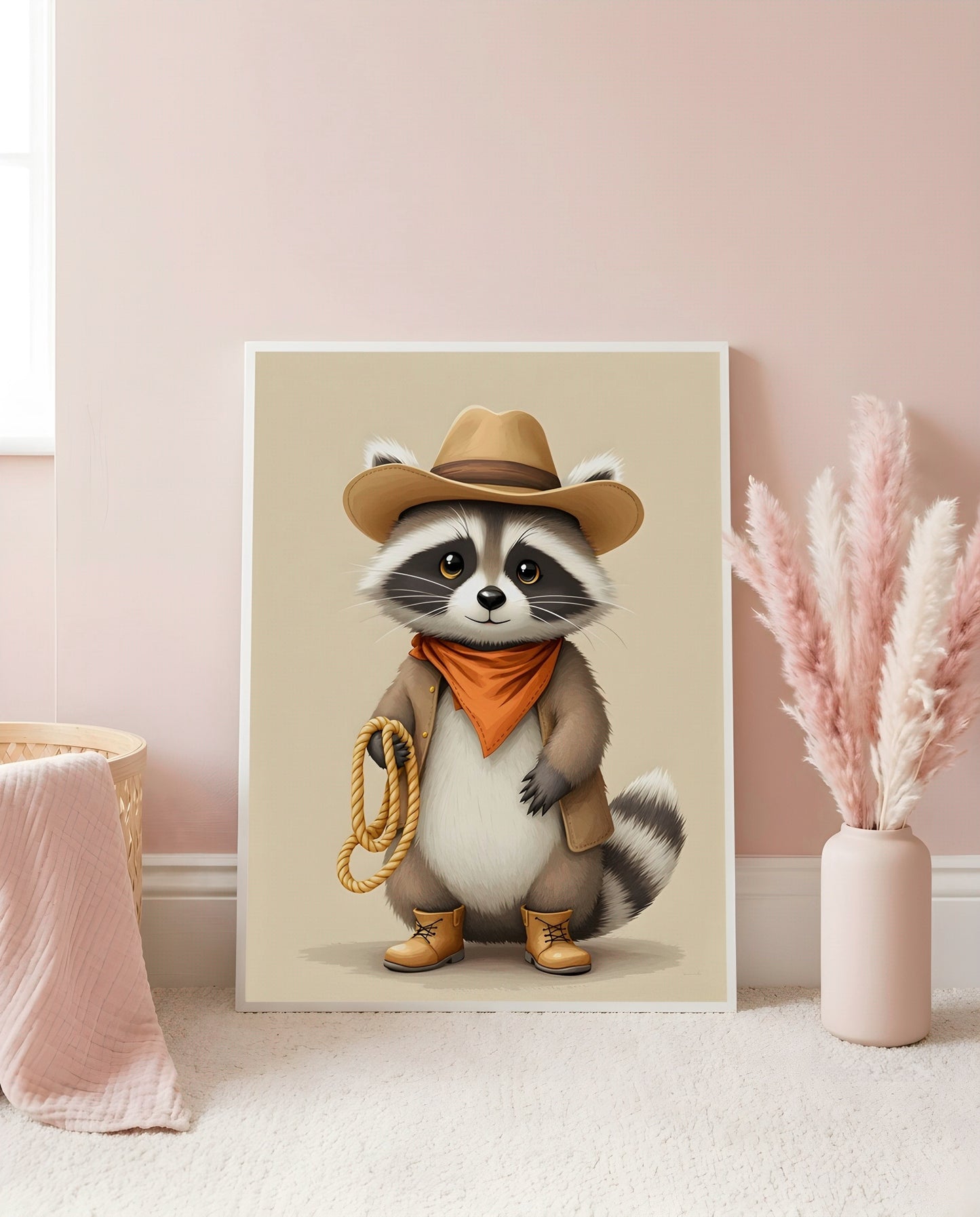 Nursery Raccoon Cowboy Retro Flat Character Printable Wall Art — leaning against a light wall in a nursery setting