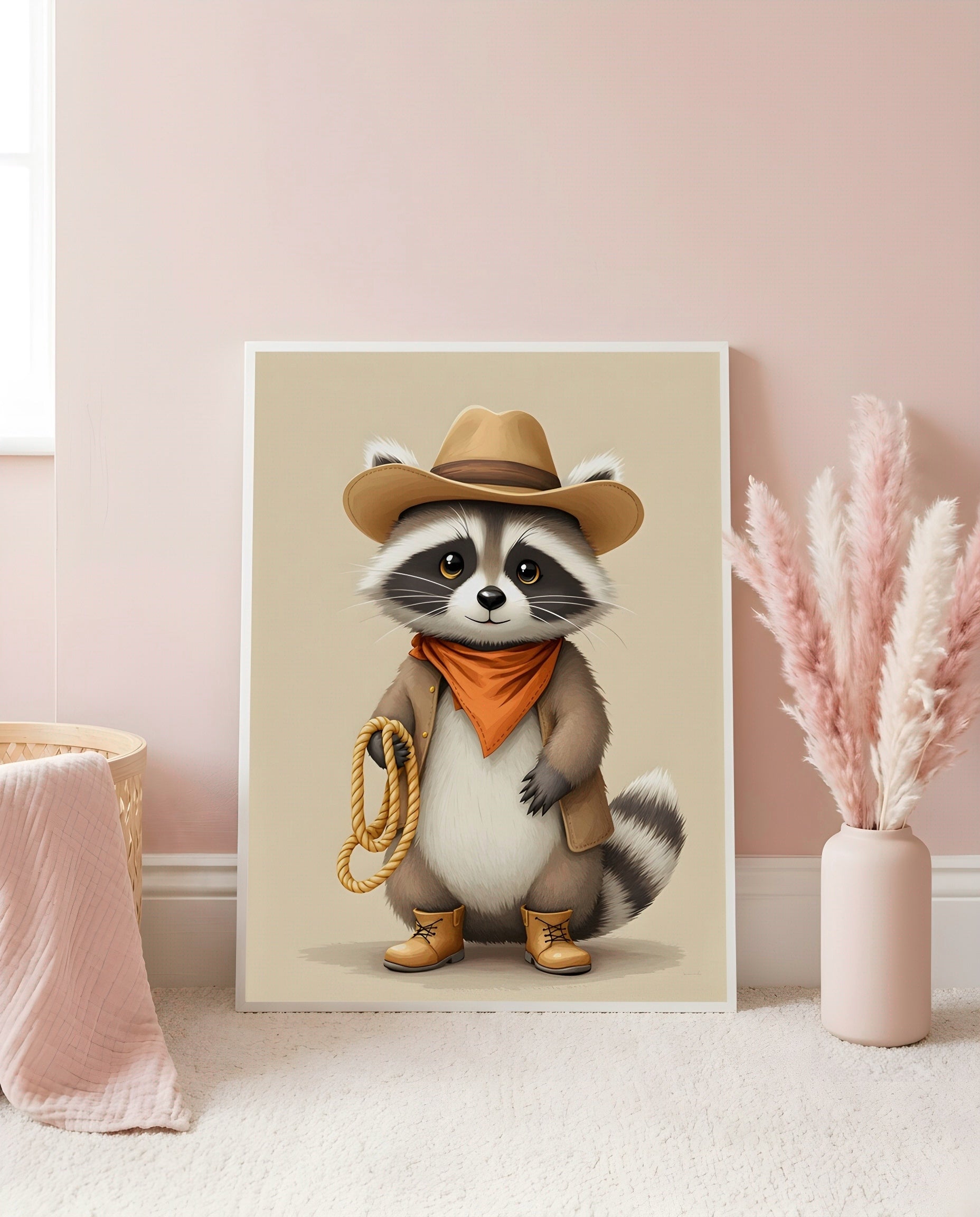 Nursery Raccoon Cowboy Retro Flat Character Printable Wall Art — leaning against a light wall in a nursery setting