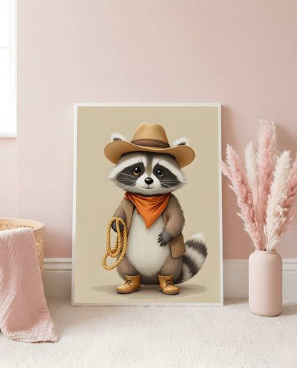 Nursery Raccoon Cowboy Retro Flat Character Printable Wall Art — leaning against a light wall in a nursery setting