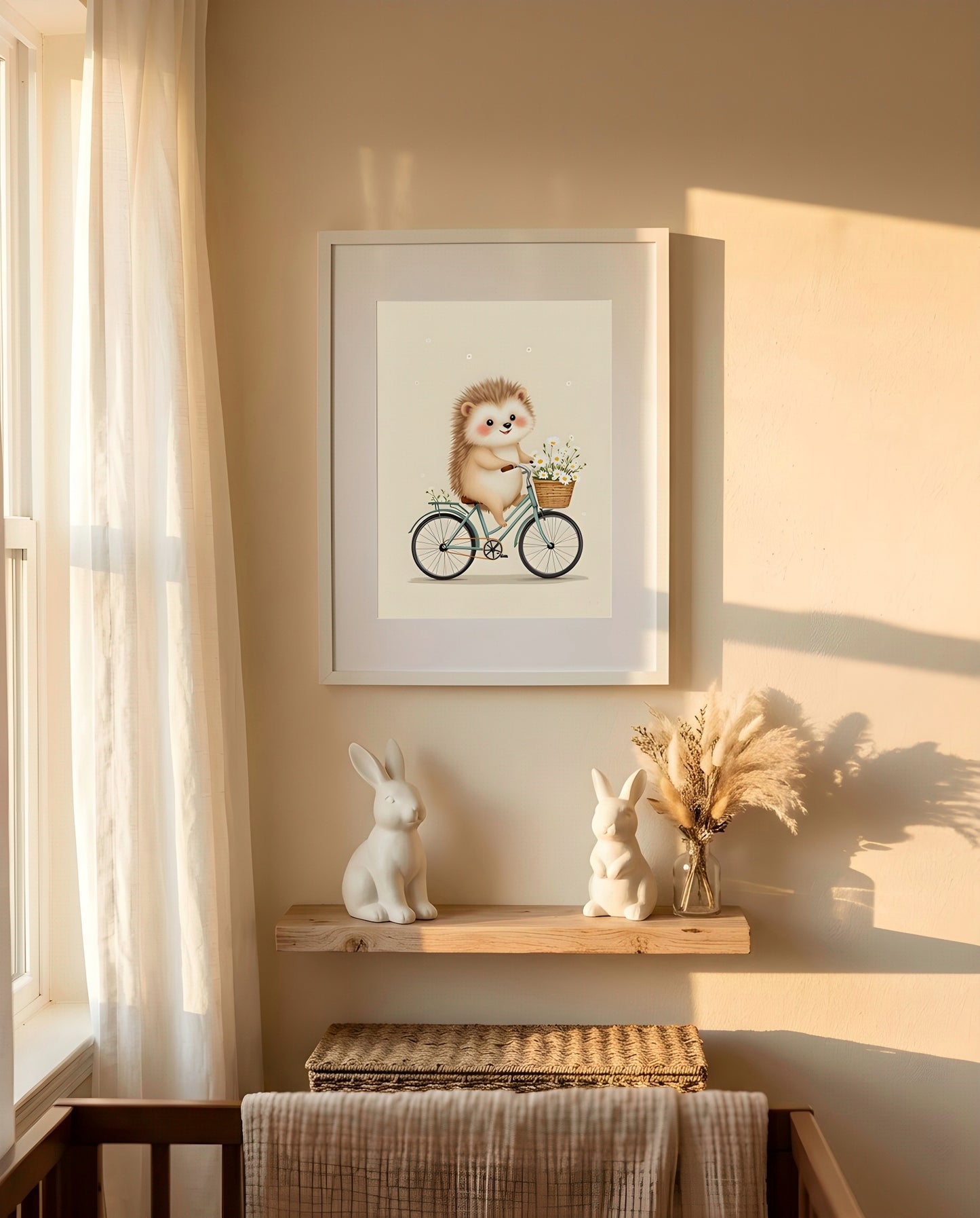 Nursery Retro Flat Hedgehog Bicycle Printable Wall Art — framed in white on a neutral nursery wall