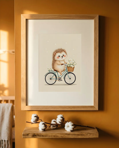 Nursery Retro Flat Hedgehog Bicycle Printable Wall Art — close-up on a nursery shelf alongside small ornaments