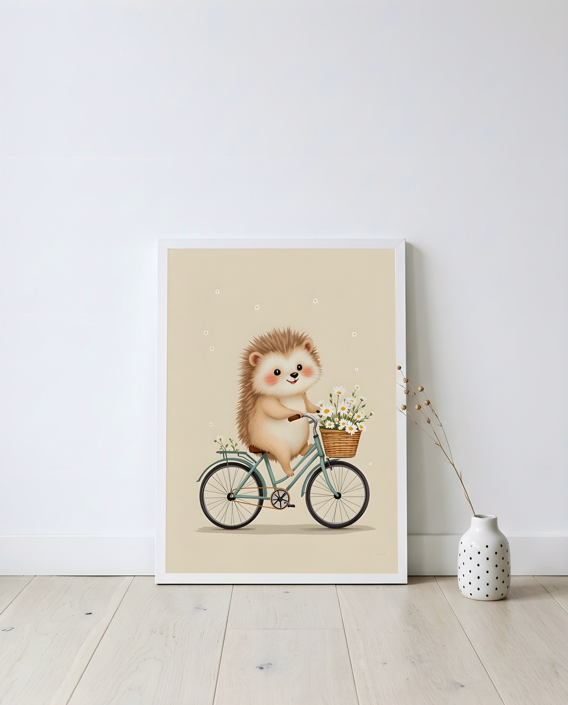 Nursery Retro Flat Hedgehog Bicycle Printable Wall Art — displayed in a styled home setting