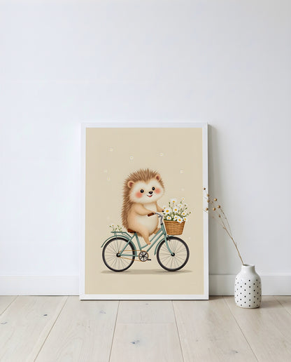 Nursery Retro Flat Hedgehog Bicycle Printable Wall Art — displayed in a styled home setting