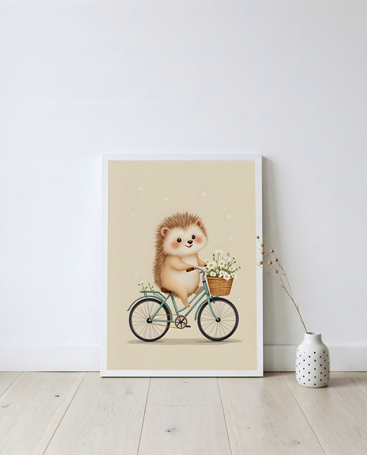 Nursery Retro Flat Hedgehog Bicycle Printable Wall Art — displayed in a styled home setting