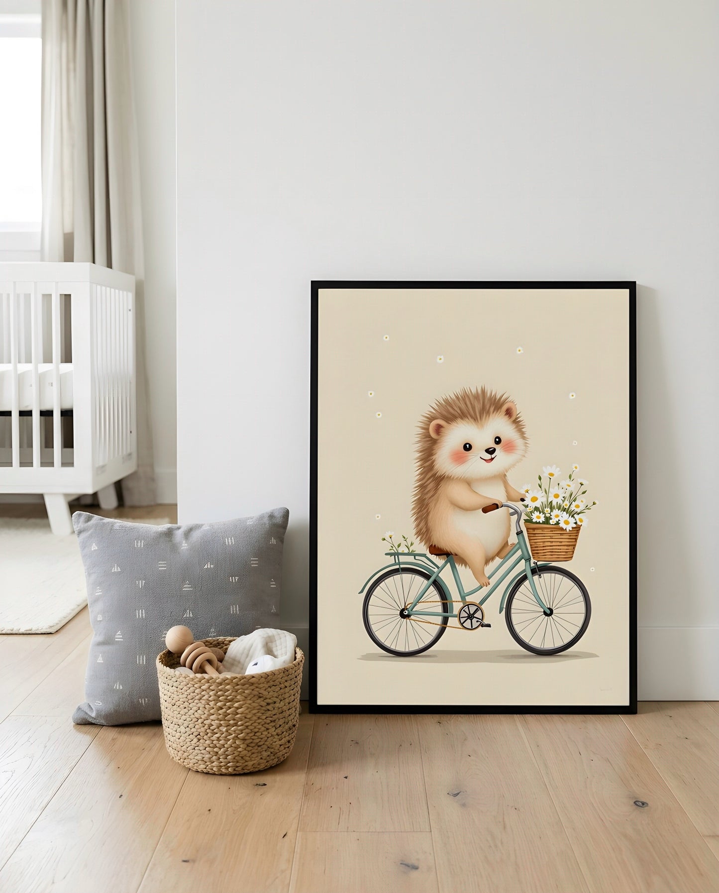 Nursery Retro Flat Hedgehog Bicycle Printable Wall Art — displayed in a styled home setting