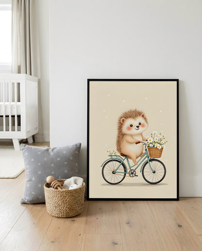 Nursery Retro Flat Hedgehog Bicycle Printable Wall Art — displayed in a styled home setting