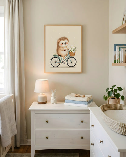 Nursery Retro Flat Hedgehog Bicycle Printable Wall Art — hung above a nursery dresser on a warm-toned wall